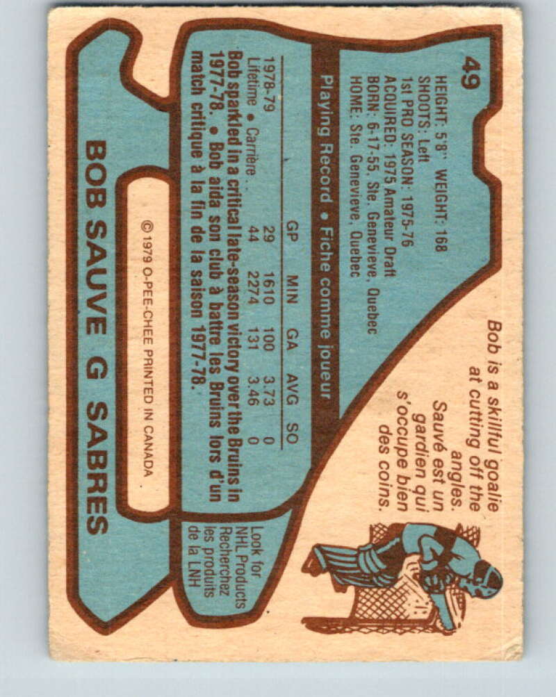 1979-80 O-Pee-Chee #49 Bob Sauve  Buffalo Sabres  V17190