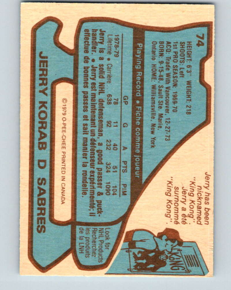 1979-80 O-Pee-Chee #74 Jerry Korab  Buffalo Sabres  V17408