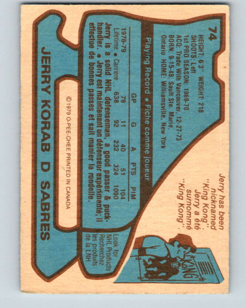 1979-80 O-Pee-Chee #74 Jerry Korab  Buffalo Sabres  V17409