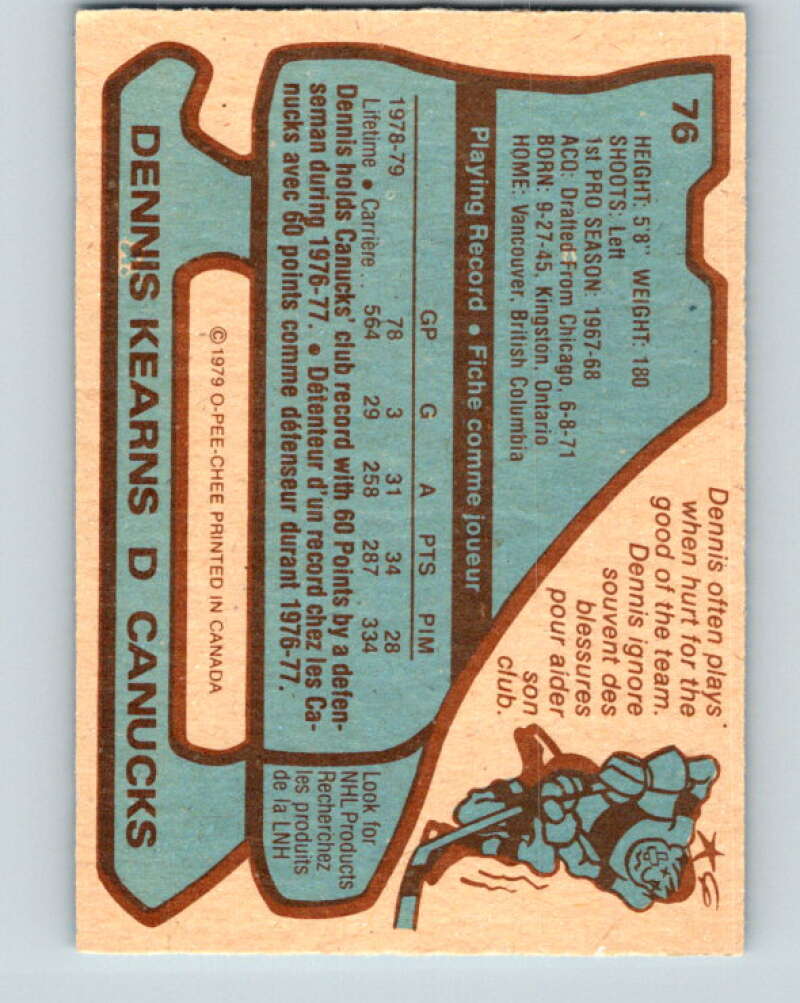 1979-80 O-Pee-Chee #76 Dennis Kearns  Vancouver Canucks  V17419