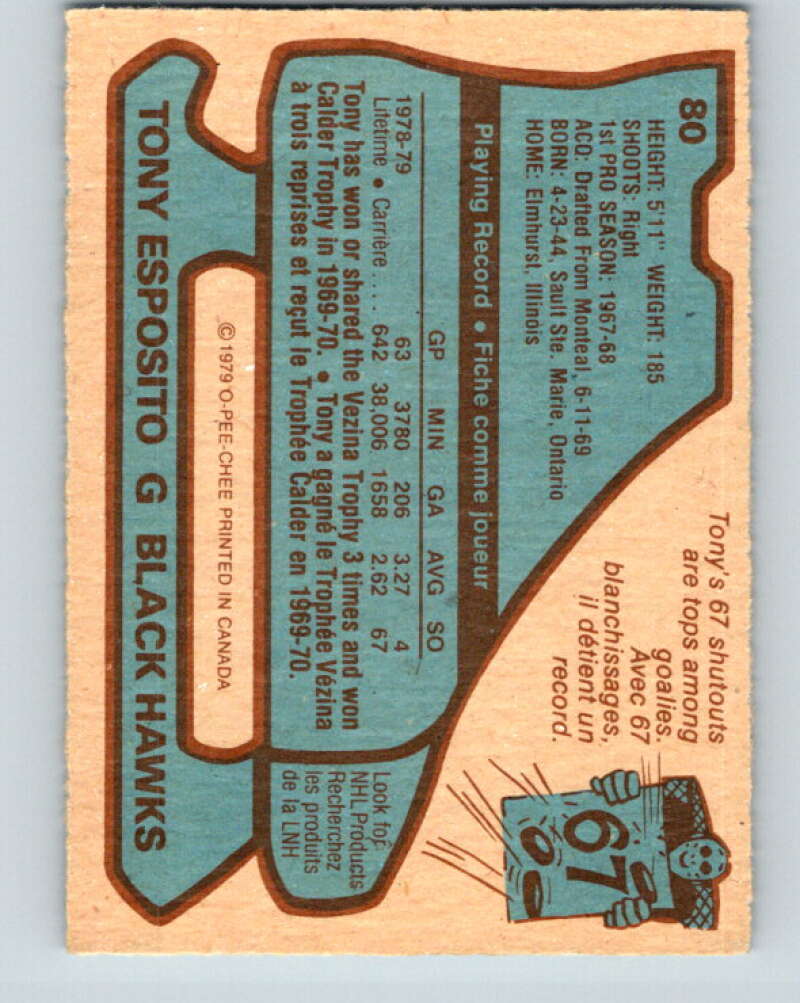 1979-80 O-Pee-Chee #80 Tony Esposito  Chicago Blackhawks  V17450