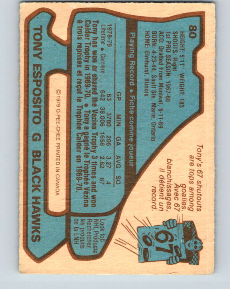 1979-80 O-Pee-Chee #80 Tony Esposito  Chicago Blackhawks  V17454