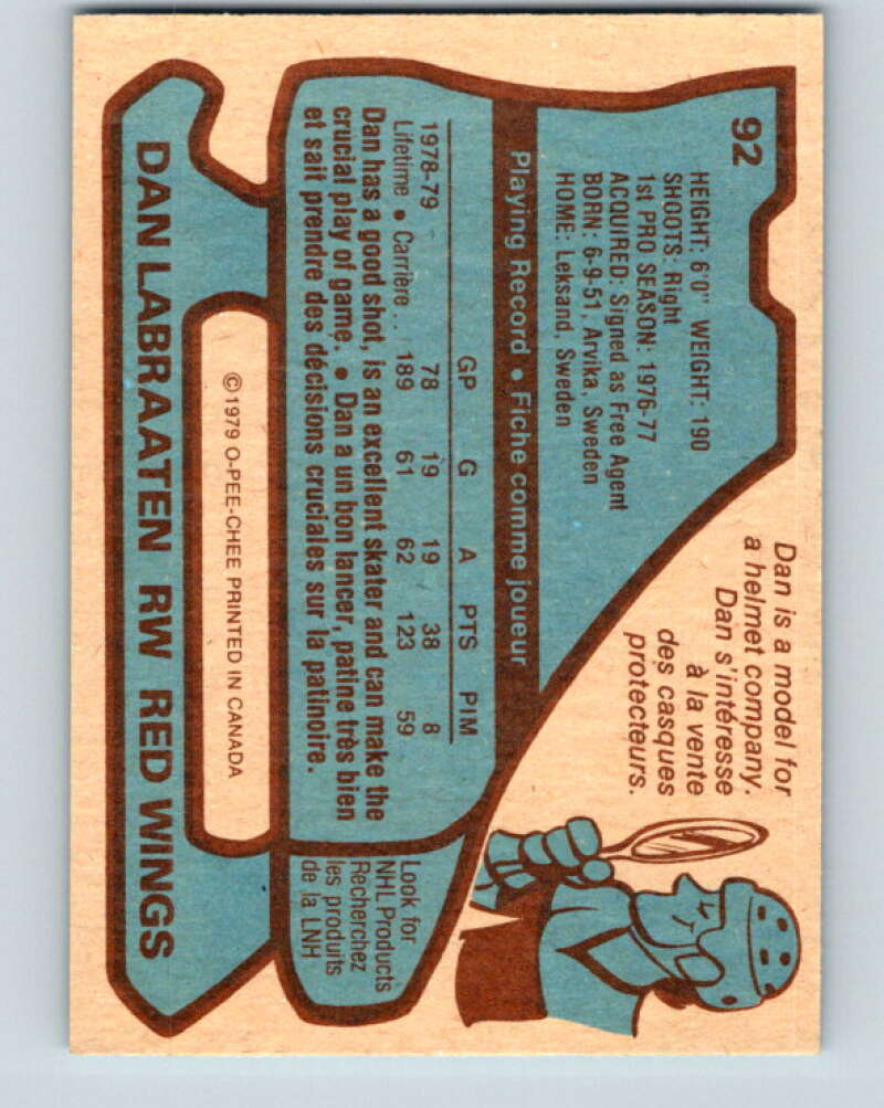 1979-80 O-Pee-Chee #92 Dan Labraaten  Detroit Red Wings  V17544