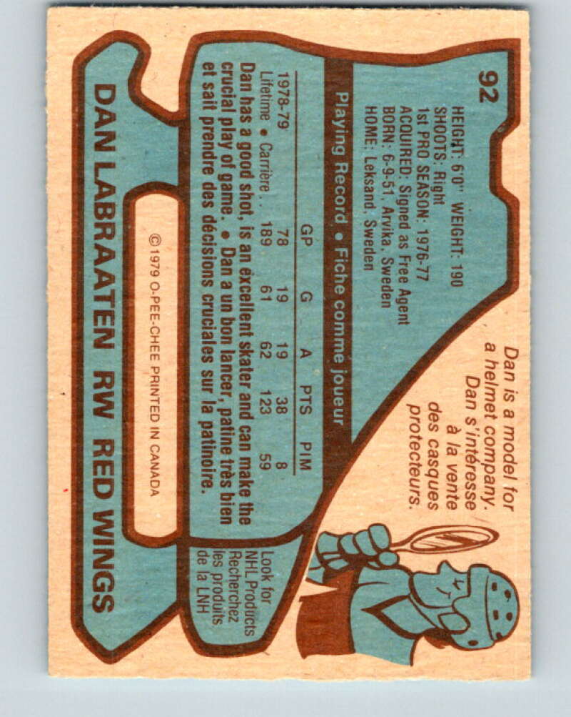 1979-80 O-Pee-Chee #92 Dan Labraaten  Detroit Red Wings  V17551