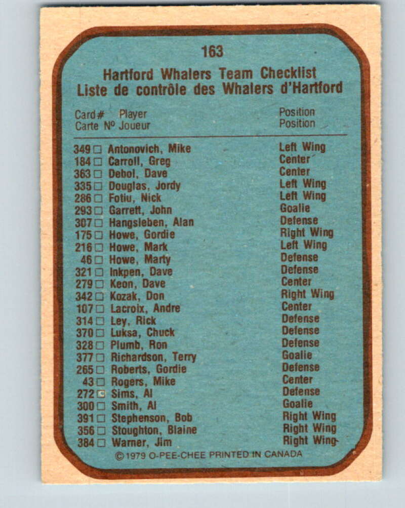 1979-80 O-Pee-Chee #163 Hartford Whalers TC  Hartford Whalers  V18213