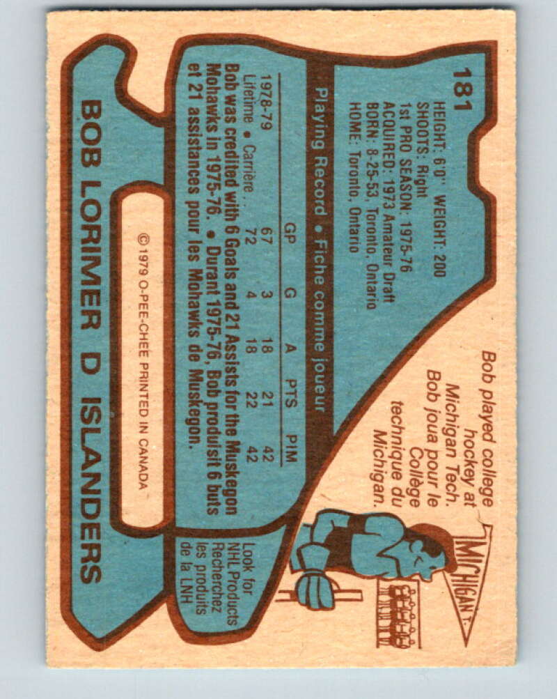1979-80 O-Pee-Chee #181 Bob Lorimer  RC Rookie New York Islanders  V18413