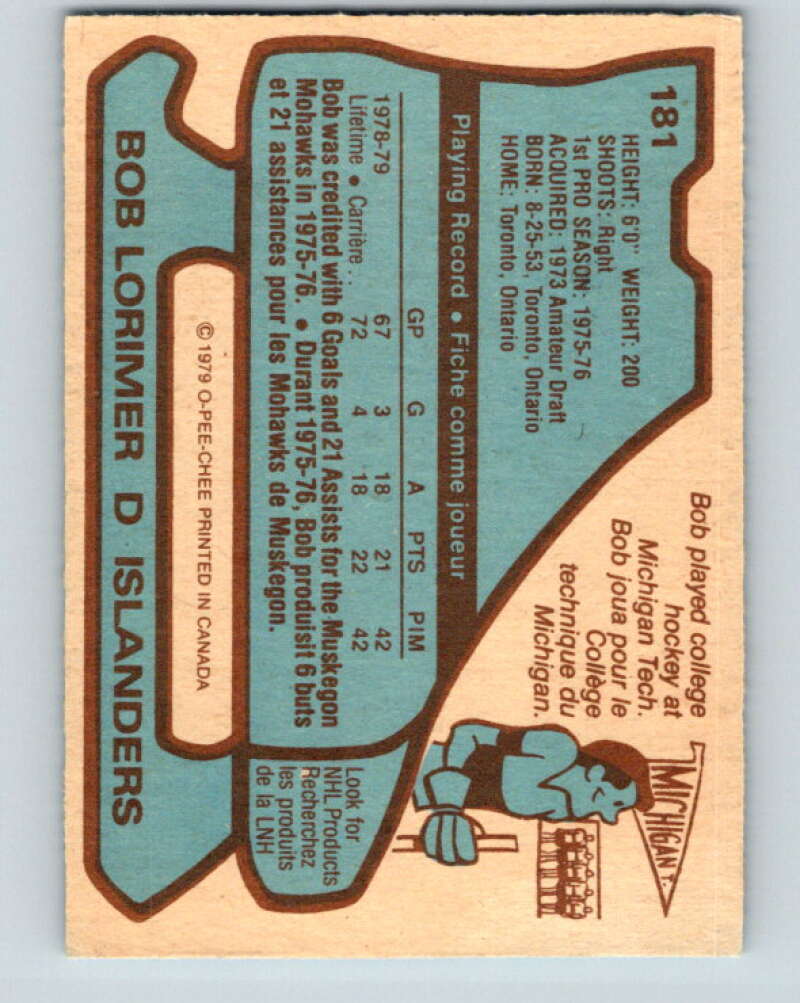 1979-80 O-Pee-Chee #181 Bob Lorimer  RC Rookie New York Islanders  V18415