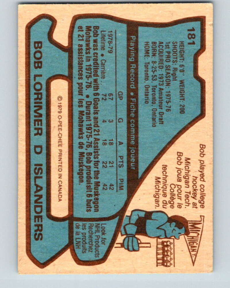 1979-80 O-Pee-Chee #181 Bob Lorimer  RC Rookie New York Islanders  V18418