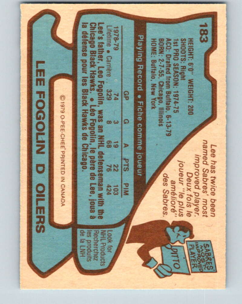 1979-80 O-Pee-Chee #183 Lee Fogolin  Edmonton Oilers  V18440