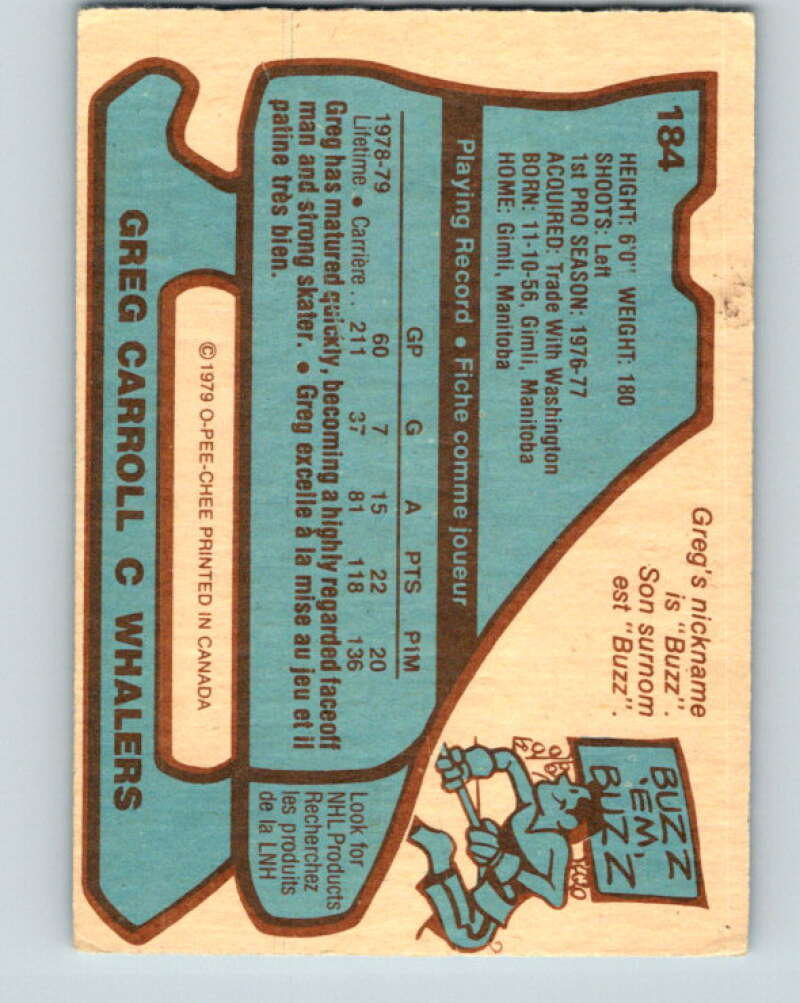 1979-80 O-Pee-Chee #184 Greg Carroll  RC Rookie Hartford Whalers  V18456