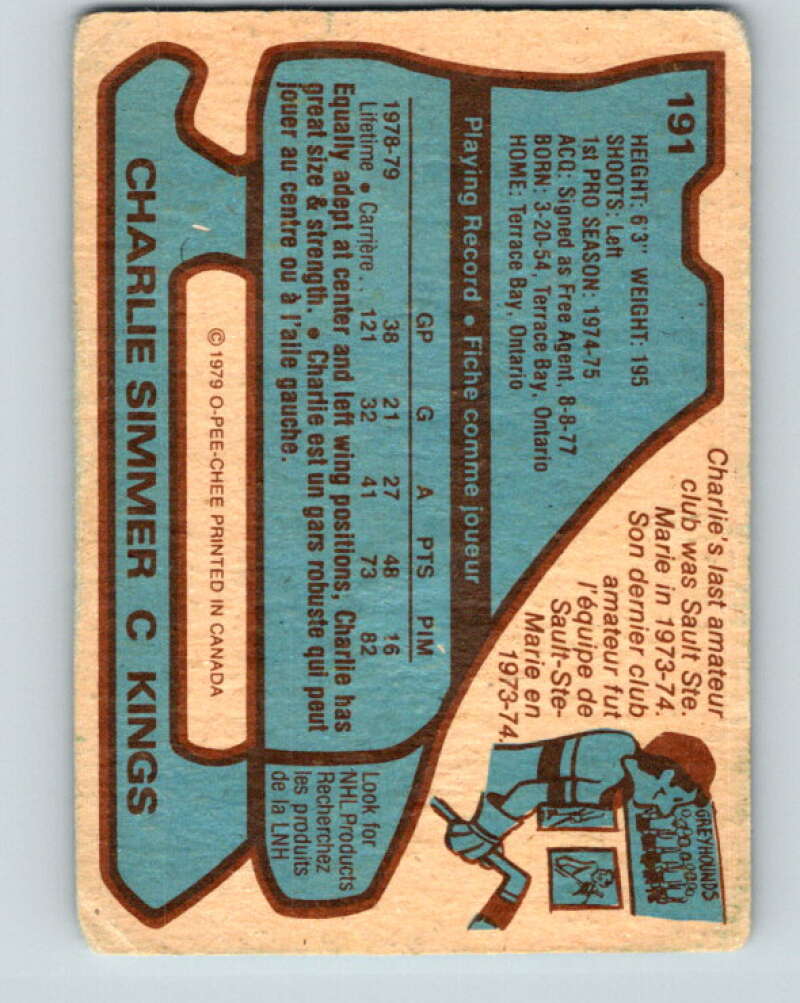 1979-80 O-Pee-Chee #191 Charlie Simmer  RC Rookie Los Angeles Kings  V18509