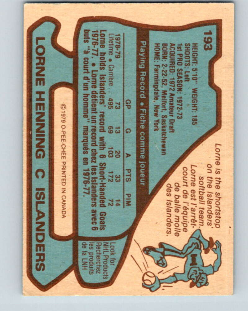 1979-80 O-Pee-Chee #193 Lorne Henning  New York Islanders  V18533