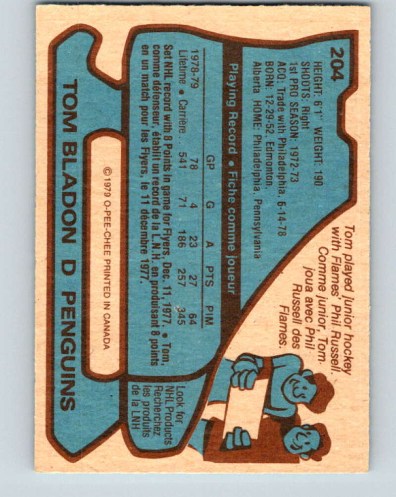 1979-80 O-Pee-Chee #204 Tom Bladon  Pittsburgh Penguins  V18675