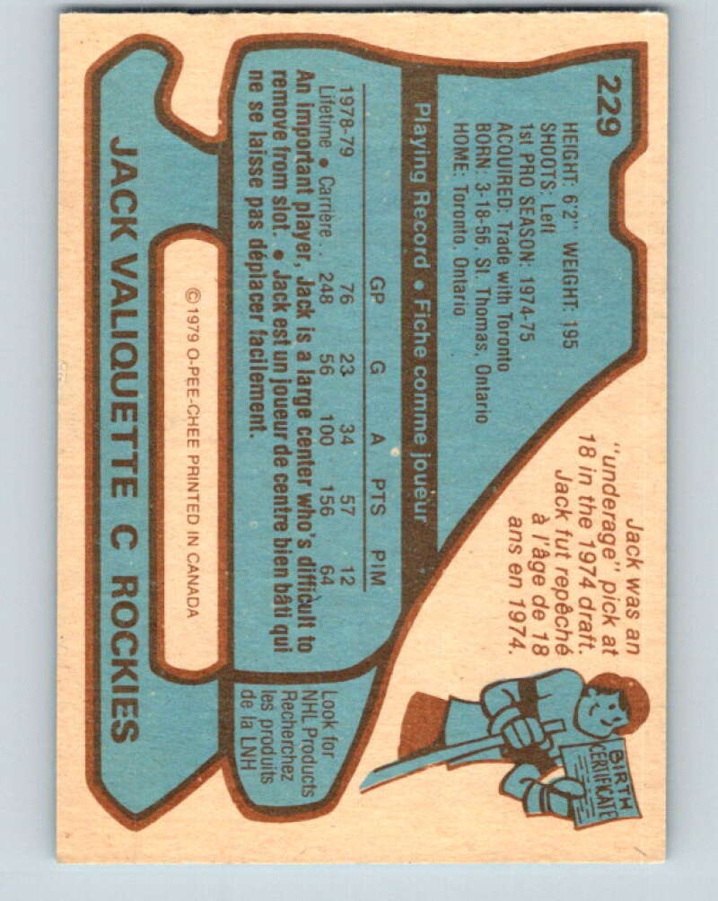 1979-80 O-Pee-Chee #229 Jack Valiquette  Colorado Rockies  V18929