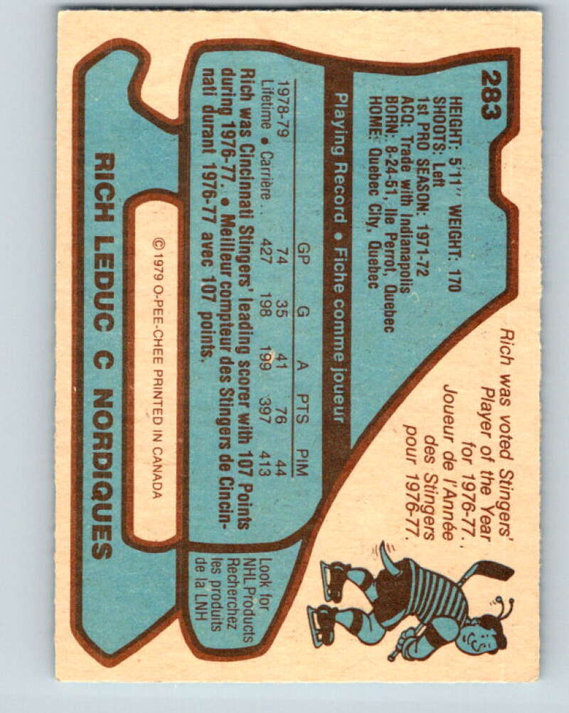 1979-80 O-Pee-Chee #283 Rich Leduc  Quebec Nordiques  V19456