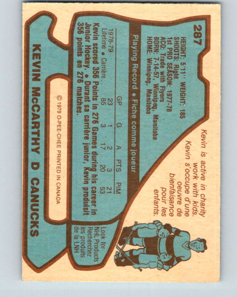 1979-80 O-Pee-Chee #287 Kevin McCarthy  RC Rookie Canucks  V19497