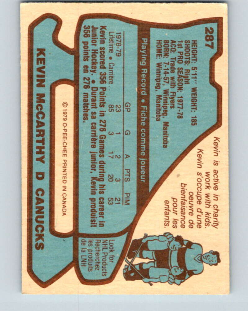 1979-80 O-Pee-Chee #287 Kevin McCarthy  RC Rookie Canucks  V19500