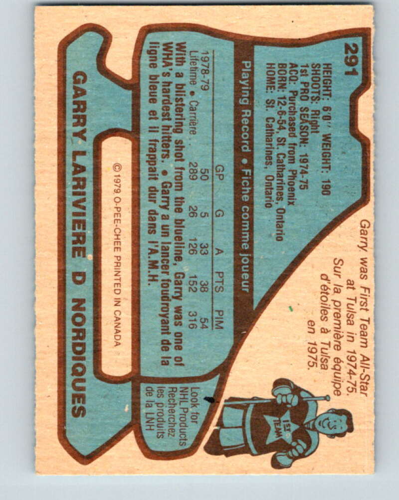 1979-80 O-Pee-Chee #291 Garry Lariviere  Quebec Nordiques  V19527