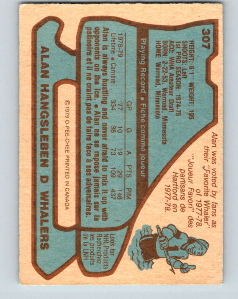 1979-80 O-Pee-Chee #307 Alan Hangsleben  RC Rookie Hartford Whalers  V19705