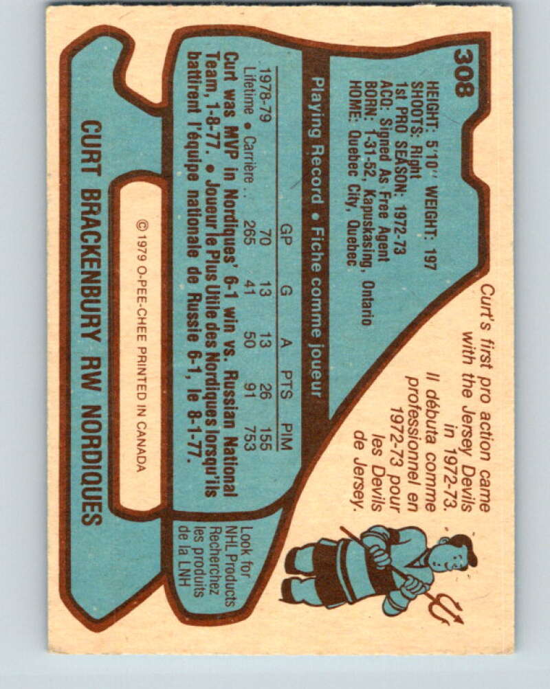 1979-80 O-Pee-Chee #308 Curt Brackenbury  RC Rookie Quebec Nordiques  V19707