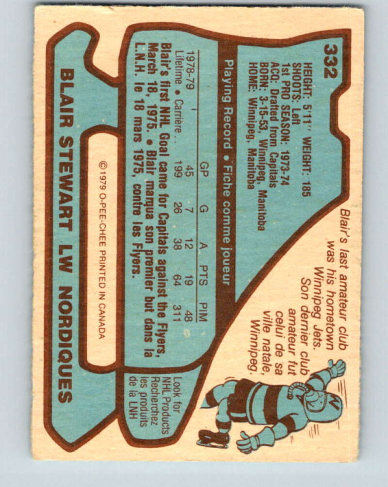 1979-80 O-Pee-Chee #332 Blair Stewart  Quebec Nordiques  V20127