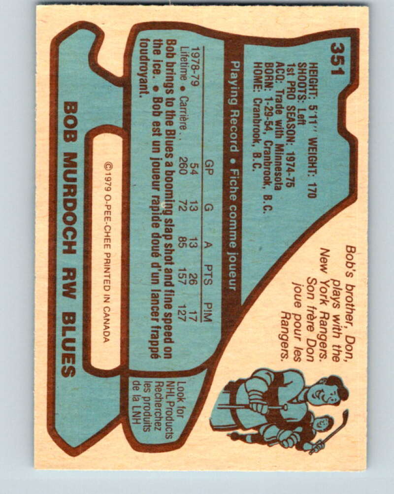 1979-80 O-Pee-Chee #351 Bob Murdoch  St. Louis Blues  V20326