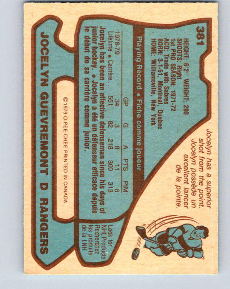 1979-80 O-Pee-Chee #381 Jocelyn Guevremont  New York Rangers  V20620