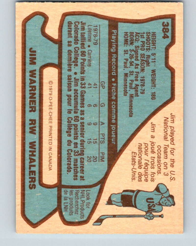 1979-80 O-Pee-Chee #384 Jim Warner  RC Rookie Hartford Whalers  V20653