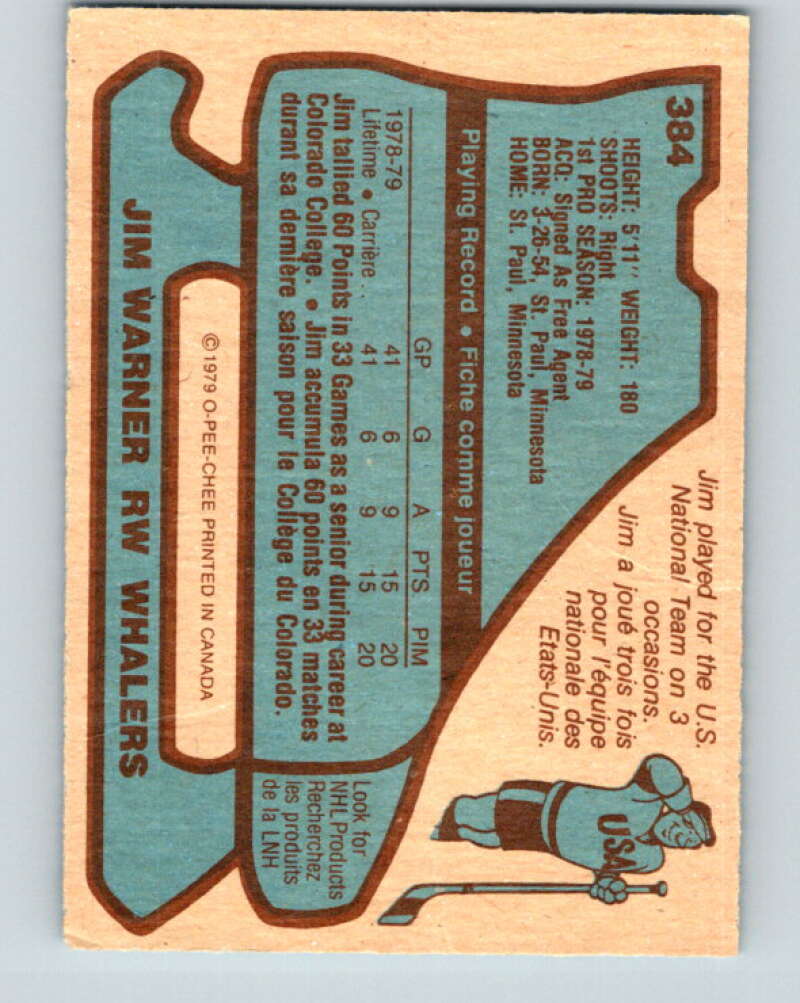 1979-80 O-Pee-Chee #384 Jim Warner  RC Rookie Hartford Whalers  V20658