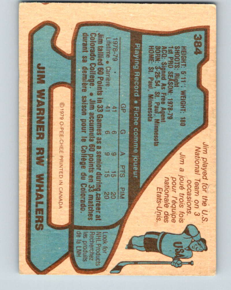 1979-80 O-Pee-Chee #384 Jim Warner  RC Rookie Hartford Whalers  V20663