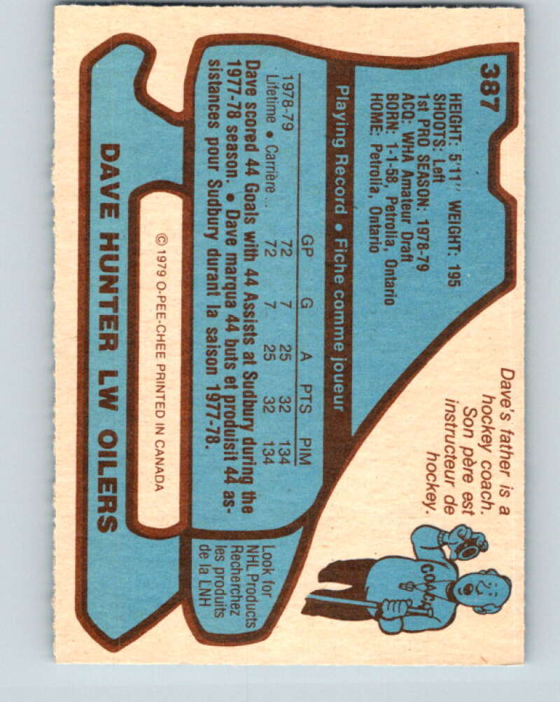 1979-80 O-Pee-Chee #387 Dave Hunter  RC Rookie Edmonton Oilers  V20689