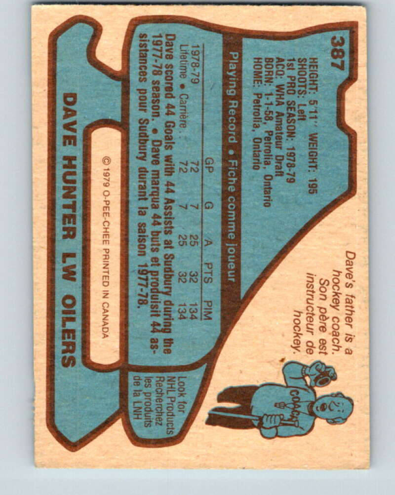 1979-80 O-Pee-Chee #387 Dave Hunter  RC Rookie Edmonton Oilers  V20690