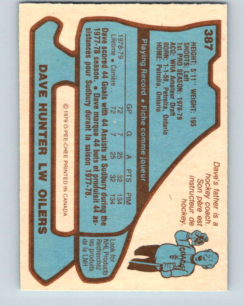 1979-80 O-Pee-Chee #387 Dave Hunter  RC Rookie Edmonton Oilers  V20694