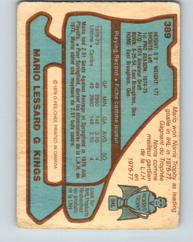 1979-80 O-Pee-Chee #389 Mario Lessard  RC Rookie Los Angeles Kings  V20710