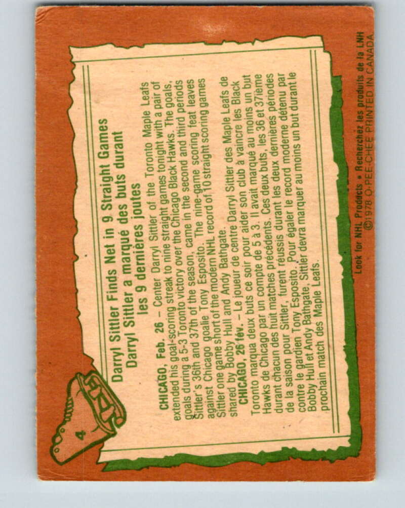 1978-79 O-Pee-Chee #4 Darryl Sittler  Toronto Maple Leafs  V20822