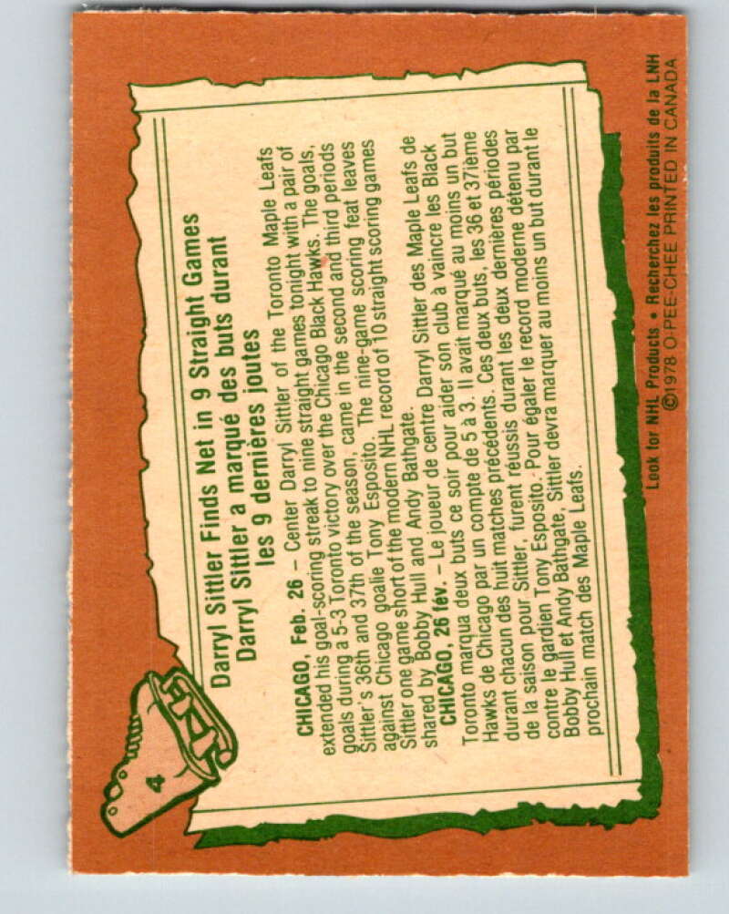 1978-79 O-Pee-Chee #4 Darryl Sittler  Toronto Maple Leafs  V20832