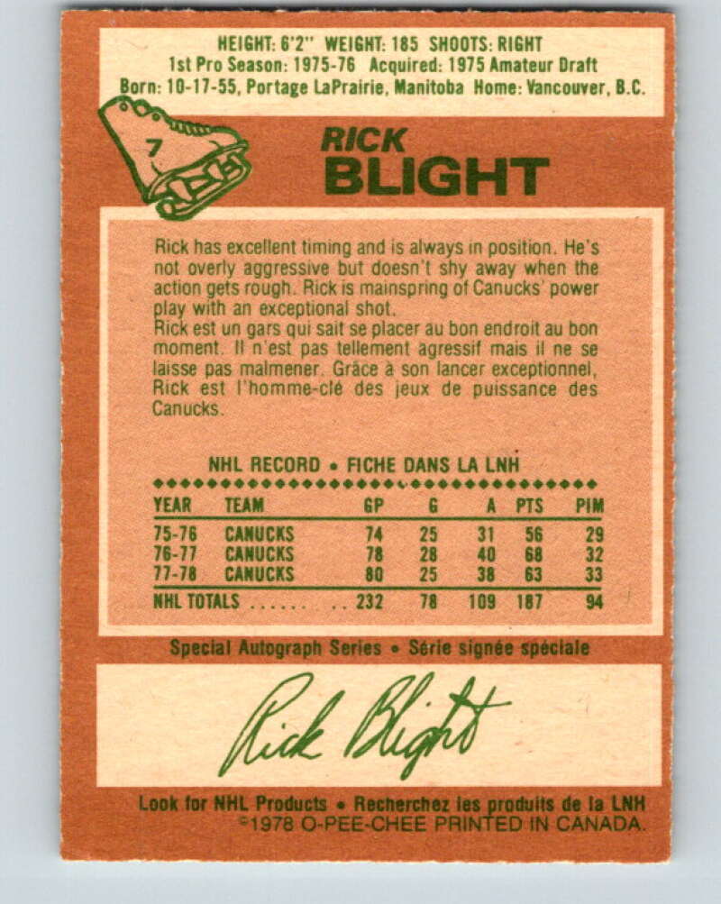 1978-79 O-Pee-Chee #7 Rick Blight  Vancouver Canucks  V20874