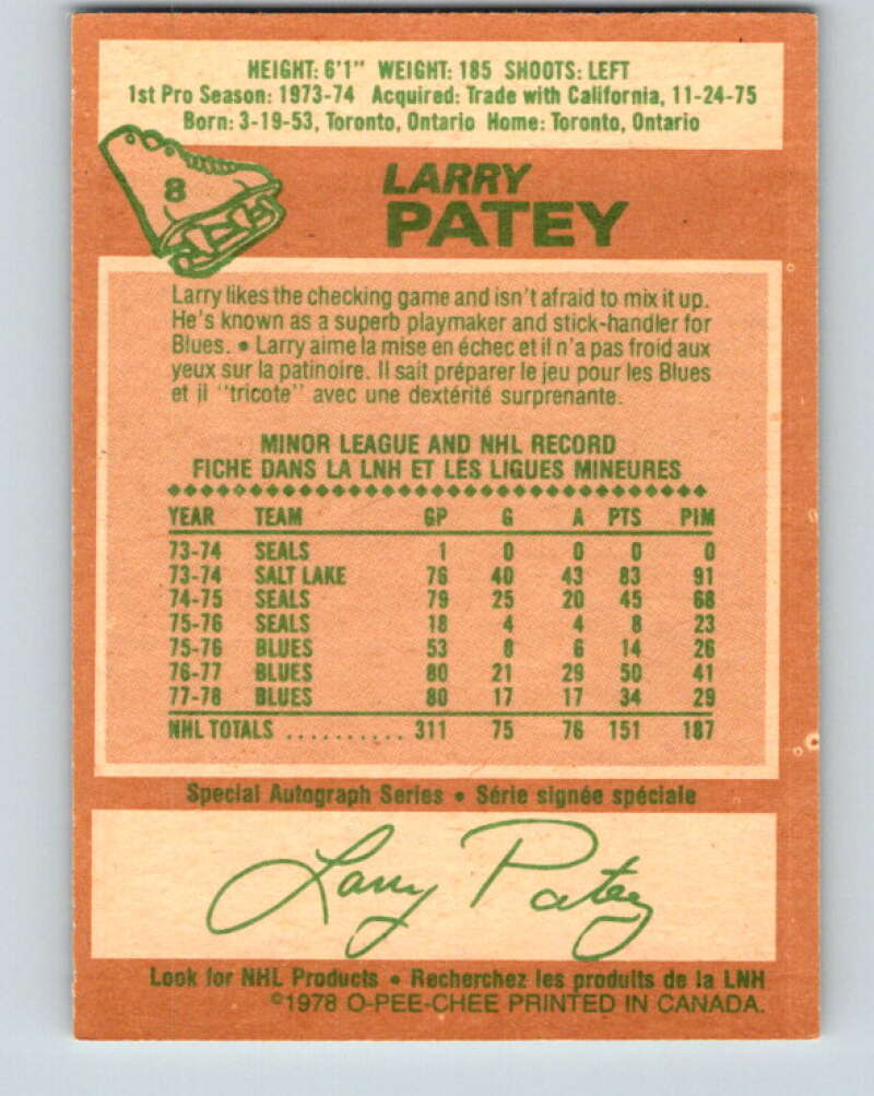 1978-79 O-Pee-Chee #8 Larry Patey  St. Louis Blues  V20878