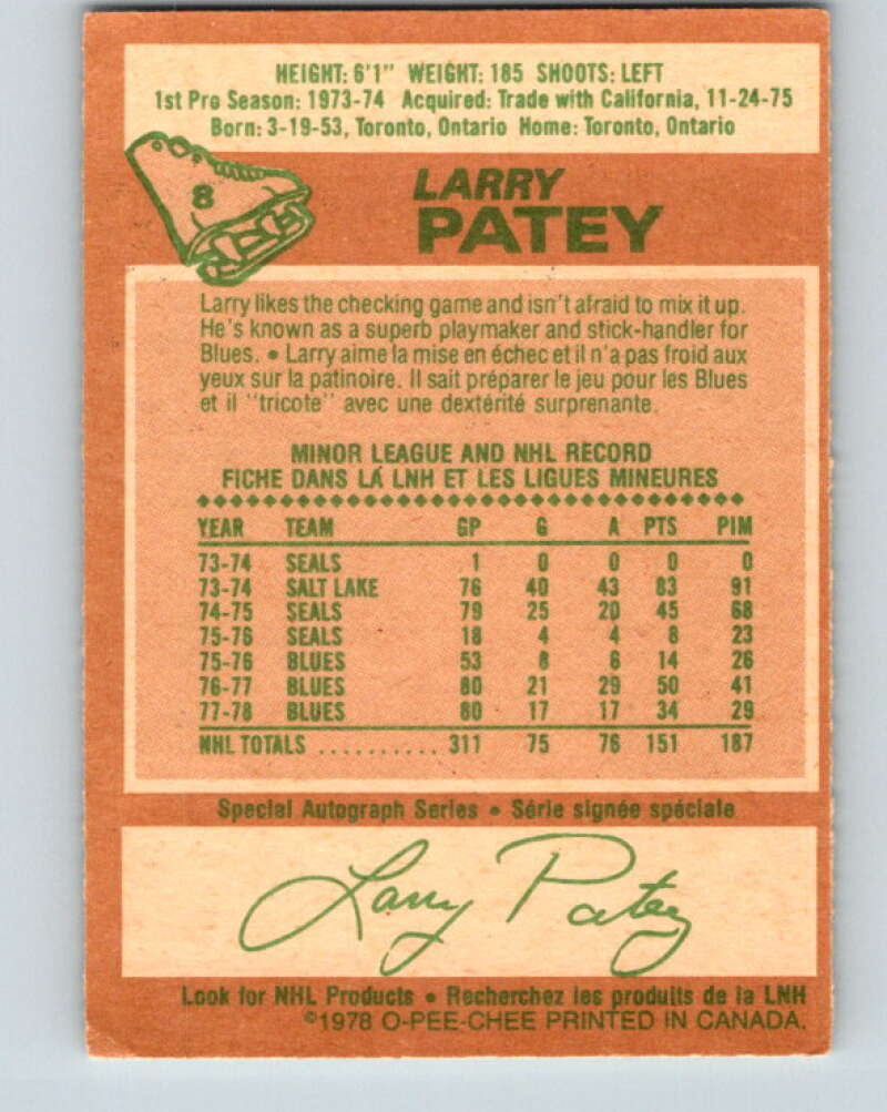1978-79 O-Pee-Chee #8 Larry Patey  St. Louis Blues  V20882