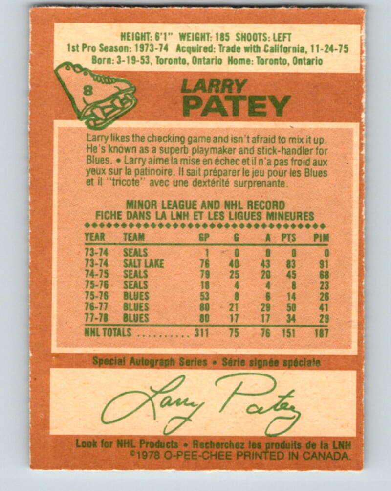 1978-79 O-Pee-Chee #8 Larry Patey  St. Louis Blues  V20884