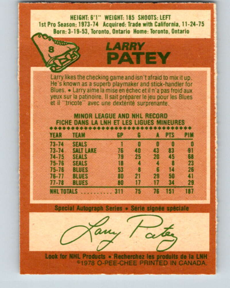1978-79 O-Pee-Chee #8 Larry Patey  St. Louis Blues  V20886