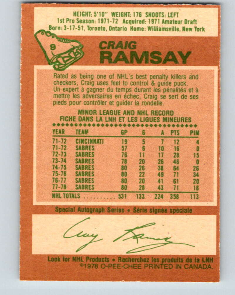 1978-79 O-Pee-Chee #9 Craig Ramsay  Buffalo Sabres  V20887