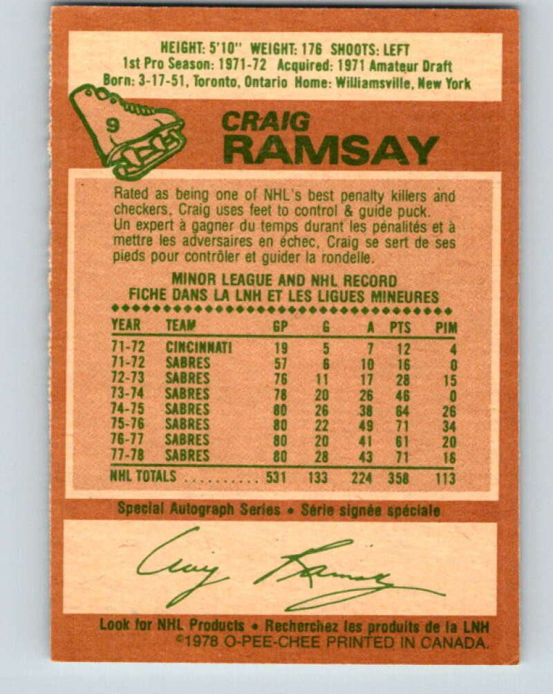 1978-79 O-Pee-Chee #9 Craig Ramsay  Buffalo Sabres  V20891