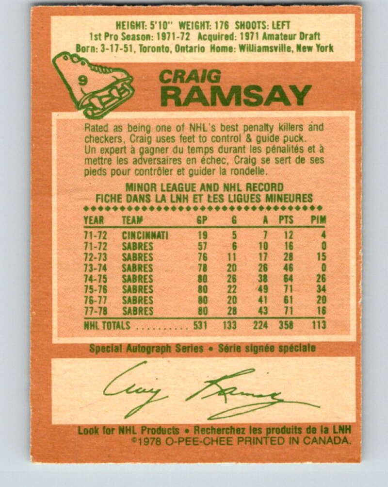 1978-79 O-Pee-Chee #9 Craig Ramsay  Buffalo Sabres  V20892