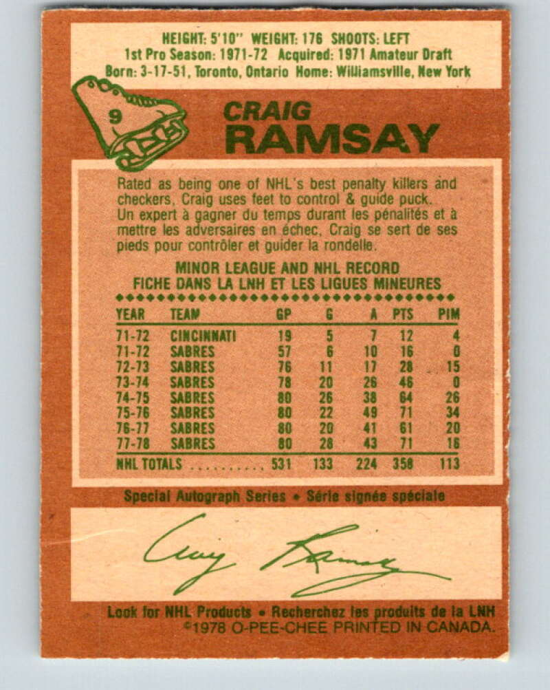 1978-79 O-Pee-Chee #9 Craig Ramsay  Buffalo Sabres  V20897