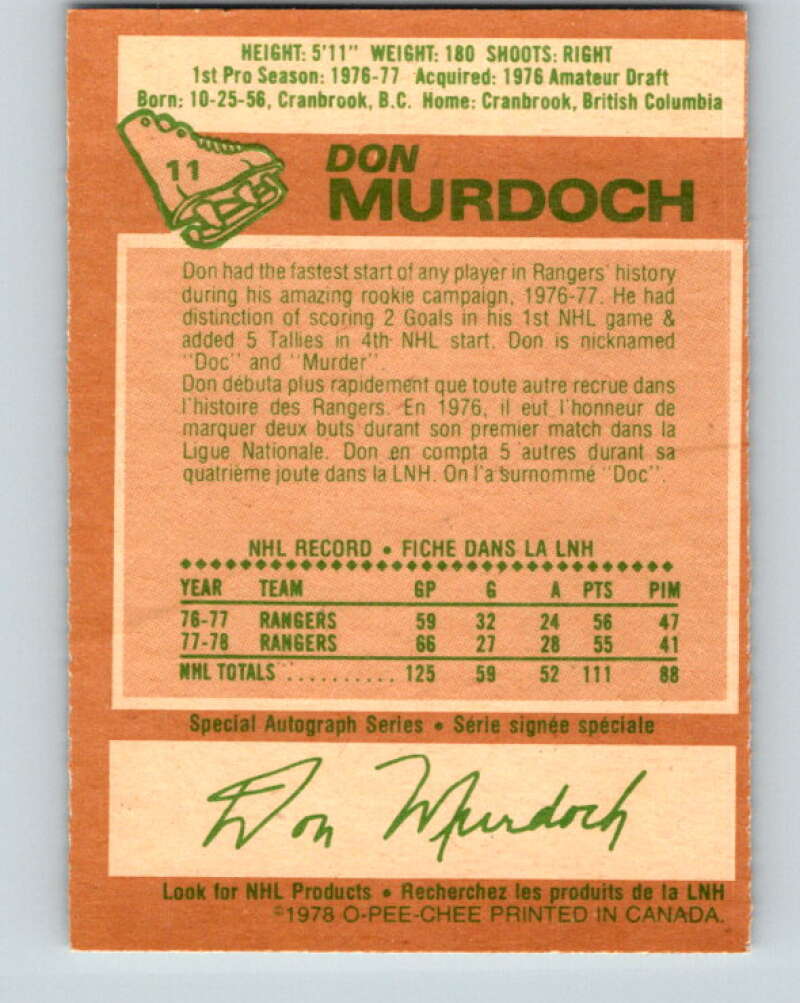 1978-79 O-Pee-Chee #11 Don Murdoch  New York Rangers  V20910