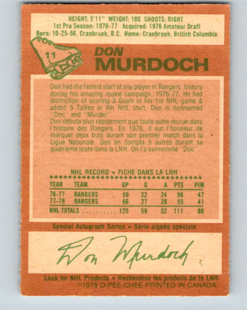 1978-79 O-Pee-Chee #11 Don Murdoch  New York Rangers  V20912