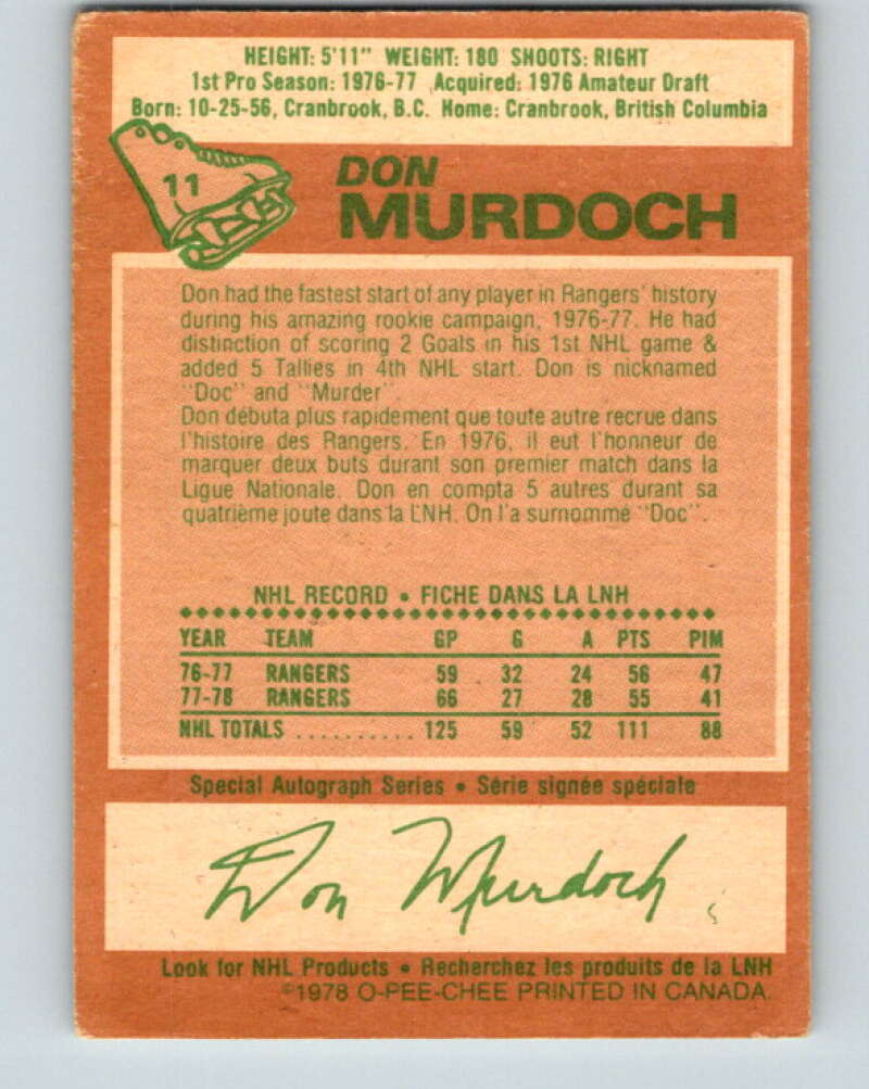 1978-79 O-Pee-Chee #11 Don Murdoch  New York Rangers  V20915