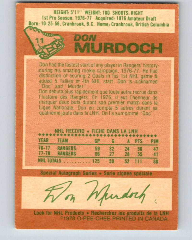 1978-79 O-Pee-Chee #11 Don Murdoch  New York Rangers  V20918