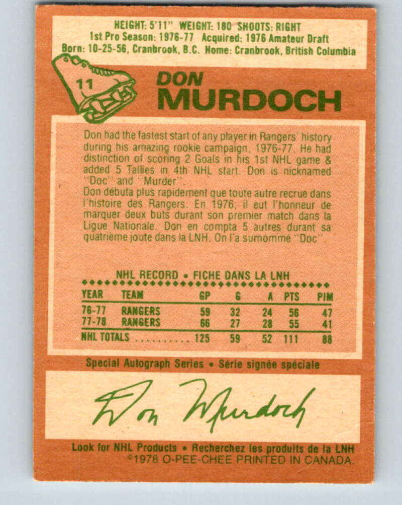 1978-79 O-Pee-Chee #11 Don Murdoch  New York Rangers  V20919